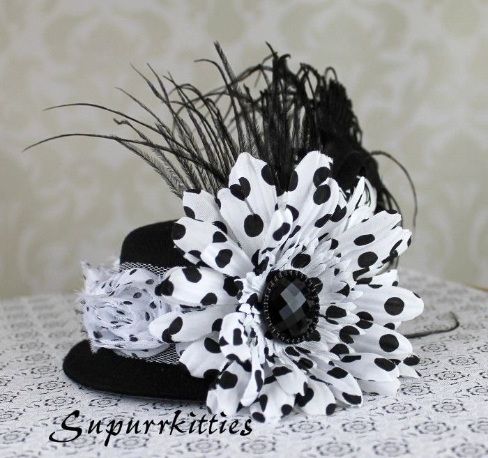 Black White Polka Dot Baby Mini Top Hat Headband Vintage Fascinator Photo Prop